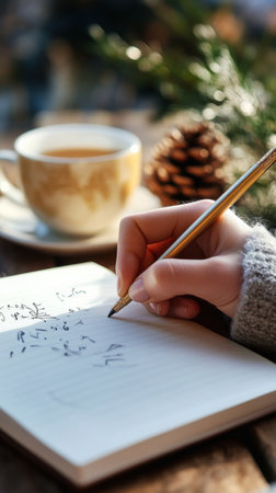 A hand delicately holds a gold pen, creating notes on a blank page. Nearby, a steaming cup of tea and a pine cone enhance the cozy atmosphere, filled with seasonal charm.の素材