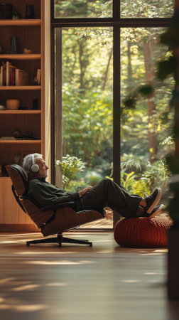 An elderly man sits comfortably in a minimalist chair, wearing headphones and enjoying peaceful moments while surrounded by lush green plants in a warmly lit room.の素材
