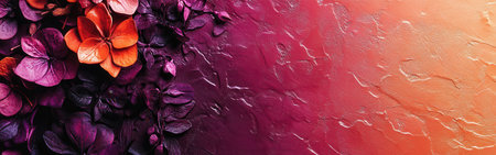 Rich plum hues blend into warmer tones, showcasing a textured surface. Bold flower elements add depth, creating a captivating interplay of colors and forms.の素材