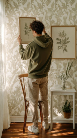 A young man stands on a chair, carefully hanging framed botanical art on a wall. The bright room features floral wallpaper and soft natural light, enhancing the serene atmosphere.の素材