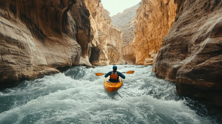 A skilled kayaker maneuvers through fast-flowing waters inside a stunning canyon. Sunlight illuminates the rocky formations, enhancing the thrill of the outdoor journey.の素材