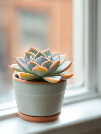 A close-up view features a colorful succulent plant thriving in a white pot placed on a windowsill. Sunlight illuminates the plant, highlighting its delicate leaves against an urban backdrop.の素材