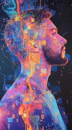 A man's profile showcases a blend of bright colors and intricate digital patterns, symbolizing the fusion of technology and human creativity. The artwork captures a modern and innovative spirit.の素材