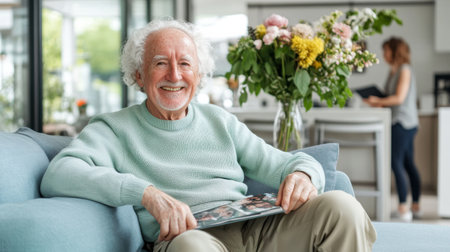 An elderly man with curly white hair beams with joy as he sits comfortably on a light blue couch. He holds a photo album, surrounded by a vibrant bouquet and a warm, inviting living space.の素材