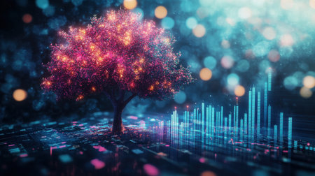 A glowing tree in full bloom stands amidst colorful, shimmering lights and abstract patterns, creating a magical atmosphere in a digital landscape at night.の素材