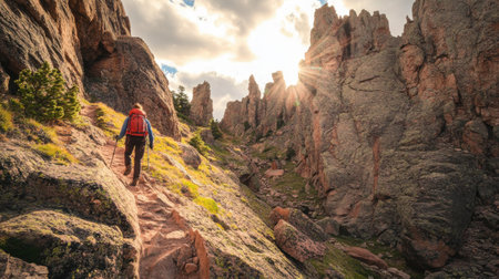 A lone hiker climbs a rocky trail surrounded by jagged outcrops under a dramatic sky. The sun sets, casting golden rays on the serene landscape, creating a perfect hiking atmosphere.の素材