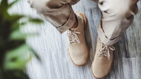 A man models a contemporary eco-fashion ensemble featuring sustainable materials. He stands indoors, highlighting his unique footwear against a minimalist backdrop.の素材