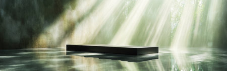 Soft rays of sunlight filter through lush trees, creating a tranquil atmosphere. A dark platform rests peacefully on still waters, reflecting the calming green hues of the surrounding forest.の素材