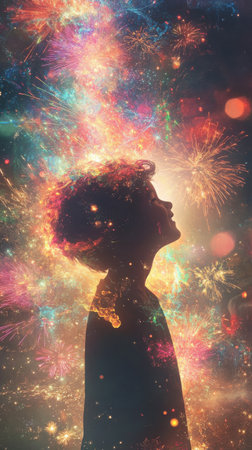 A child's silhouette stands in profile, emanating a sense of wonder as vibrant fireworks and cosmic elements burst around them. This enchanting scene captures the joy of imagination.の素材