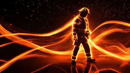 A firefighter is depicted in a glowing, energetic environment, showcasing determination and bravery while surrounded by vibrant, swirling orange light. The setting exudes power and resilience.の素材