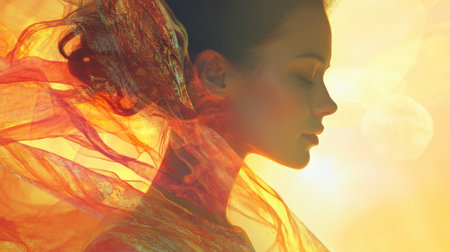 A woman radiates tranquility, her profile illuminated by soft sunlight, surrounded by flowing sheer fabric. The warm hues create a serene atmosphere, embodying peace and beauty at dusk.の素材
