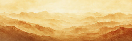 A serene mountain landscape showcases rolling hills and soft peaks, illuminated by warm earth tones. The delicate watercolor technique enhances the peaceful atmosphere, evoking tranquility.の素材