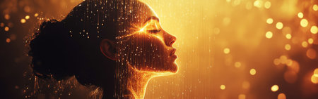 A woman stands in a dreamlike space, glowing with an inner light as radiant droplets cascade around her, creating an enchanting atmosphere filled with warmth and mystery.の素材