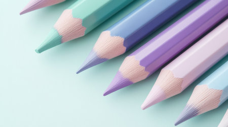 A collection of pastel-colored pencils is neatly organized, showcasing hues of mint, purple, and lavender against a soft mint background, inspiring creativity and artistry.の素材