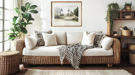 This living room showcases a stylish rattan sofa adorned with soft pillows and a textured blanket.の素材