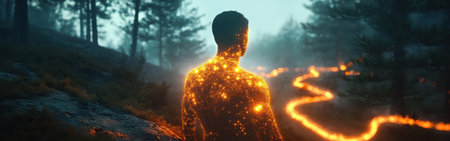 In a tranquil forest during twilight, a man radiates a warm glow, embodying energy. The surrounding landscape features a path lined with luminous trails, creating a mystical atmosphere.の素材