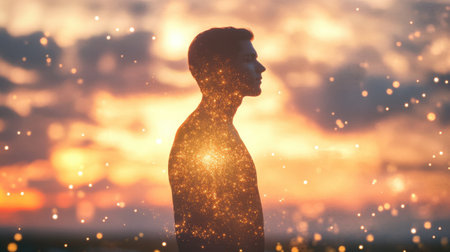 A man stands silhouetted against a stunning sunset, radiating a glowing aura surrounded by twinkling particles. The scene evokes a sense of wonder and magic.の素材