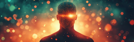 A man stands in a dynamic environment, illuminated with a radiant glow. His silhouette contrasts against a backdrop filled with colorful bokeh lights, creating a surreal ambiance.の素材