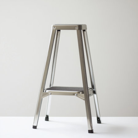 A sturdy metal step ladder with a non-slip surface stands in a bright environment. It is ideal for reaching high places safely and efficiently during home maintenance, repairs, or painting.の素材