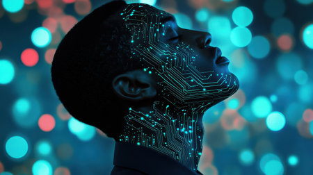 A man stands serenely, his face adorned with glowing circuit patterns, creating a captivating contrast against a soft, colorful bokeh backdrop that enhances his tranquil expression.の素材