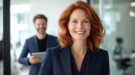 A professional woman with wavy auburn hair stands smiling in a bright, modern office. Her colleague holds a tablet and appears to be engaged in work behind her.の素材