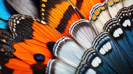 This close-up layout highlights the stunning textures and vivid colors of butterfly wings, revealing intricate patterns that display nature's artistry in stunning detail.の素材
