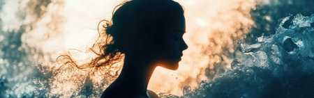 A radiant silhouette of a woman stands against a backdrop of luminous waves crashing, highlighting her profile in an enchanting moment at twilight.の素材