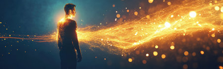 A man stands in a dark environment, radiating a warm glow and surrounded by shimmering particles. The energy flows from him, symbolizing creativity and inspiration.の素材