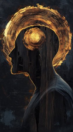 A mystical profile of a man reveals intricate patterns and glowing elements, merging natural motifs with profound symbolism.の素材