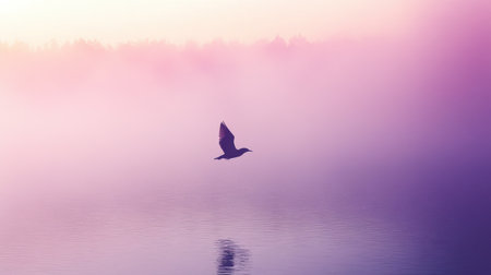 A bird glides gracefully over a tranquil lake during early morning, surrounded by soft mist and an array of pastel colors in the sky. The peaceful atmosphere invites reflection.の素材