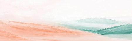 Fields of pastel peach and mint stretch into the distance, softly blending with the hazy horizon. The tranquil setting evokes a sense of calm and beauty at dawn.の素材