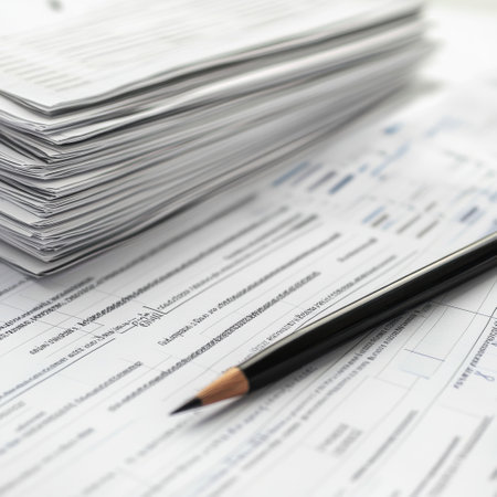 A collection of financial reports is neatly stacked on a desk, with a pencil placed on top, ready for review and note-taking during a productive work session.の素材