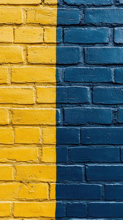 A lively brick wall segmented into striking yellow and blue sections adds a burst of color to the urban landscape, enhancing the visual appeal of the area.の素材
