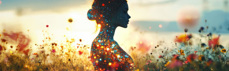 A woman's silhouette is illuminated by warm sunlight as she stands in a field of blooming flowers. The scene captures the beauty of nature and light, creating a serene atmosphere.の素材