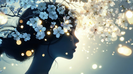 A silhouette of a woman is beautifully outlined against a backdrop of delicate blossoms and soft lights, creating a tranquil atmosphere at twilight.の素材