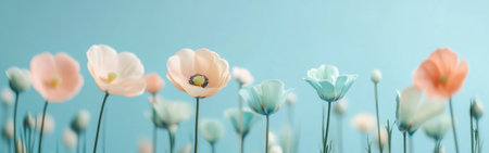 Delicate flowers bloom in varying pastel shades, gracefully swaying against a calming gradient backdrop. The serene ambiance radiates tranquility, inviting contemplation and appreciation.の素材