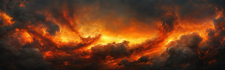 Intense orange light breaks through swirling dark clouds as the sun sets, creating a dramatic atmosphere. This fiery highlights the contrasting colors of the evening sky.の素材