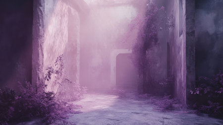Muted lavender hues envelop the space, while overgrown plants thrive among the cracked walls, creating a mystical and grunge-inspired environment.の素材