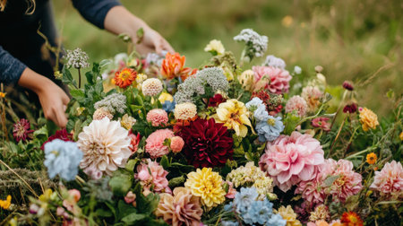 Participants engage in a hands-on flower arranging workshop in a beautiful meadow filled with colorful blossoms under clear skies. The activity fosters creativity and connection with nature.の素材
