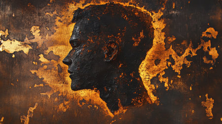 A profile of a man emerges from a backdrop of swirling fiery textures, embodied elemental forces. This artistic interpretation conveys strength and mystery, inviting contemplation.の素材