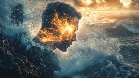 A man's profile emerges from tumultuous ocean waves, infused with fiery elements. This captivating artwork evokes a blend of nature's power and human emotion during sunset.の素材