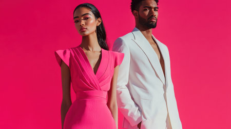 Fashion models pose elegantly against a bright pink backdrop, showcasing striking outfits perfect for a modern Easter celebration. The setting exudes vibrancy and style.の素材