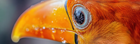 This close-up captures the striking features of a toucan's face with a vivid orange bill and intricate eye details. Droplets of water glisten on its feathers, suggesting a recent rain.の素材