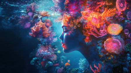 A woman with a radiant expression is immersed in a deep blue ocean, her hair transformed into vibrant coral and colorful marine life, embodying the beauty of nature during daylight.の素材