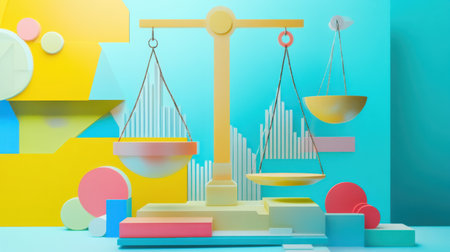 Colorful balancing scales stand prominently against a bright background of geometric shapes, highlighting themes of justice and balance. The setting is lively and engaging.の素材