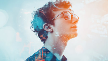 A young man with curly hair stands confidently with sunglasses, gazing upward. Vibrant city elements blend seamlessly in a polished double exposure, creating a stunning visual effect.の素材