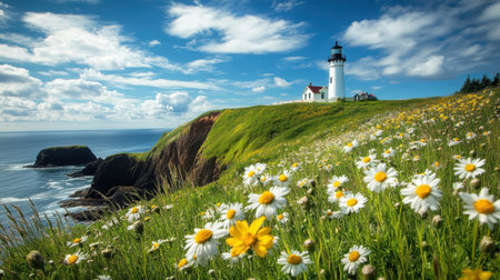A charming coastal landscape showcases a lighthouse atop a grassy cliff, surrounded by vibrant wildflowers under a clear blue sky. The tranquil ocean stretches into the distance, creating serenity.の素材