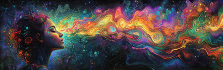 A woman's profile emerges from a swirling cosmic background, her features lit by glowing hues of orange, purple, and blue. The mystic energy flowing from her signifies creativity and inspiration.の素材