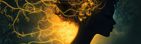 A woman's silhouette emits a soft glow, surrounded by luminous vines in a mystical forest during twilight, evoking a sense of wonder and tranquility.の素材