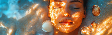 A woman lies peacefully on the sand, her skin illuminated by a warm glow from the sunlight. Surrounding her are seashells scattered on the beach, enhancing the serene atmosphere.の素材